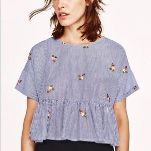 ZARA Striped Poplin Top with Floral Embroidery